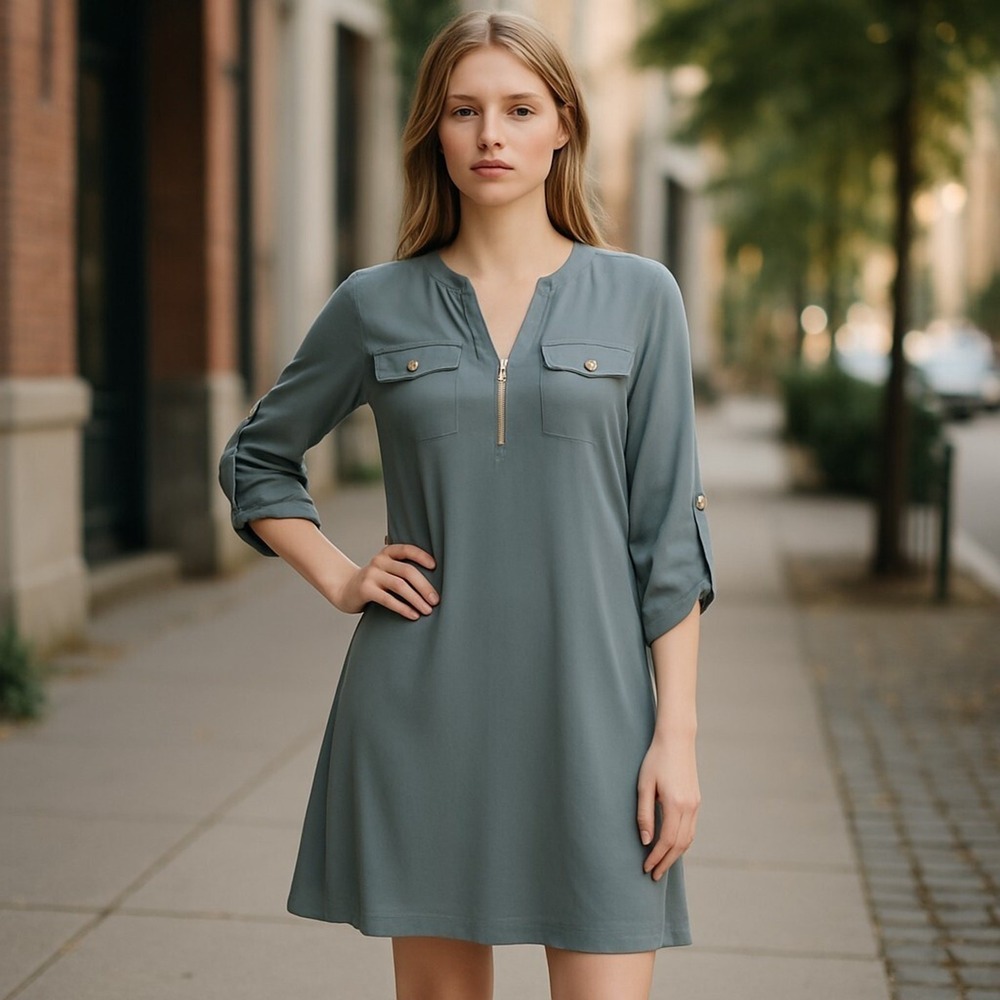 SOHO APPAREL Women's Gray Zip Front Shirt Dress L Roll-Tab Sleeves Pockets, Sz L